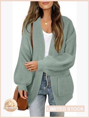 Chunky Knit Cardigan Oversized Lantern Sleeve Open Front Cozy Winter Sweater